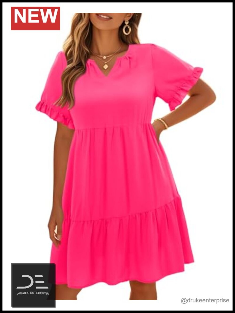 Plus Size Summer Babydoll Tiered V-Neck Short Casual Dress